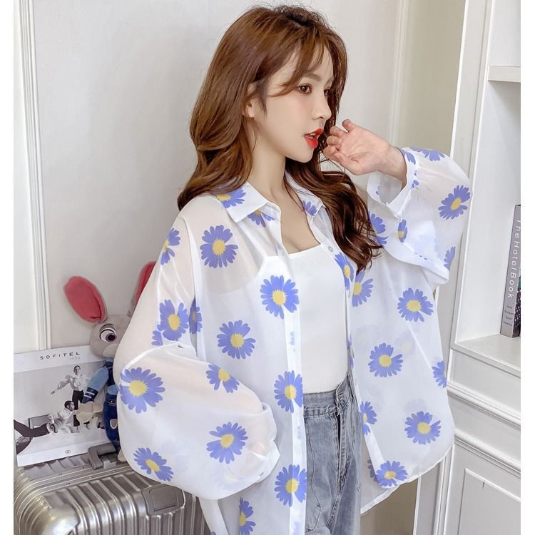 ได้ของเร็ว เสื้อกันแดดผู้หญิงเกาหลี ทรงหลวมผ้าบาง เสื้อเชิ้ตลายดอกเดซี่ฤดูร้อน แขนยาวผู้หญิง - รูปที่ 3