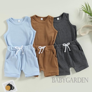 Babygarden-0-3 ปี ชุดเสื้อผ้าเด็กผู้ชาย, เสื้อกล้ามคอกลม แขนกุด สีพื้น + กางเกงขาสั้น เอวยางยืด