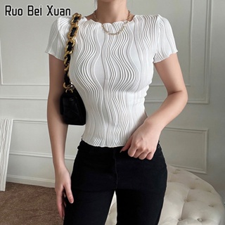 RUO BEI XUAN เสื้อยืดสตรีสไตล์เกาหลีคอกลมเข้ารูปเสื้อยืดสีทึบ