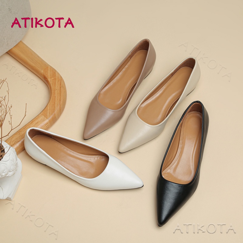 Atikota รองเท้าลําลอง ส้นแบน หัวแหลม สีพื้น ใส่สบาย เข้ากับทุกการแต่งกาย แฟชั่นสําหรับสตรี