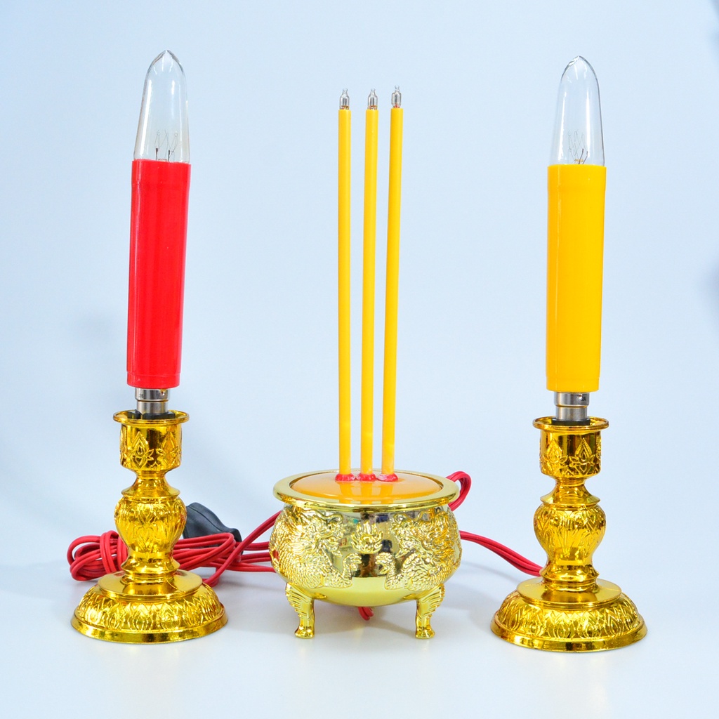 กระถางธูป เชิงเทียนไฟฟ้า 220V แบบ หลอดใส้ แสงสีเหลือง สำหรับหิ้งพระ ไหว้พระ ไฟไหว้เจ้า โต๊ะหมู่บูชา