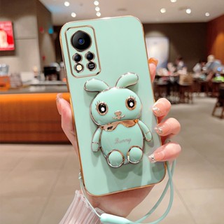 เคสโทรศัพท์มือถือชุบไฟฟ้า ลายกระต่ายน่ารัก พร้อมขาตั้ง 360 องศา และสายคล้อง สําหรับ infinix Hot 11S NFC