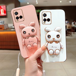 เคสโทรศัพท์มือถือ ชุบไฟฟ้า ลายกระต่ายน่ารัก 360 องศา พร้อมตัวยึดวาง และสายคล้อง สําหรับ Vivo Y21A Y21E Y21T Y21S Y21 2021 Y33S Y33T Y21G V2111 V2110