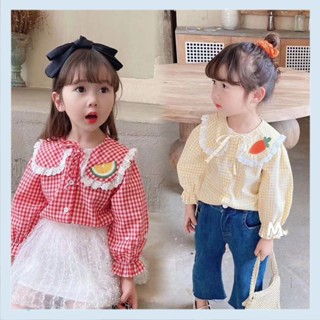 Girls Korean style plaid shirt 2022 Spring and Autumn new childrens western style long sleeve fruit doll fashion cotton top