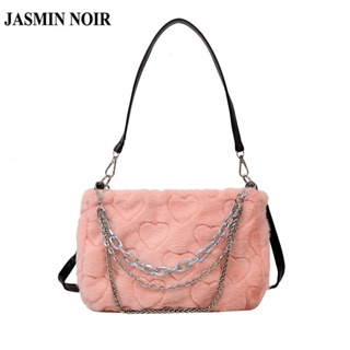 Jasmin NOIR กระเป๋าสะพายไหล่ กระเป๋าถือ สะพายข้าง ประดับขนเฟอร์ แต่งสายโซ่ สําหรับผู้หญิง