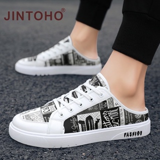 Jintoho รองเท้าแตะ ผ้าใบ ยาง กันลื่น แบบสวมครึ่งหนึ่ง แฟชั่นสําหรับผู้ชาย ใส่เล่นกีฬา กลางแจ้ง