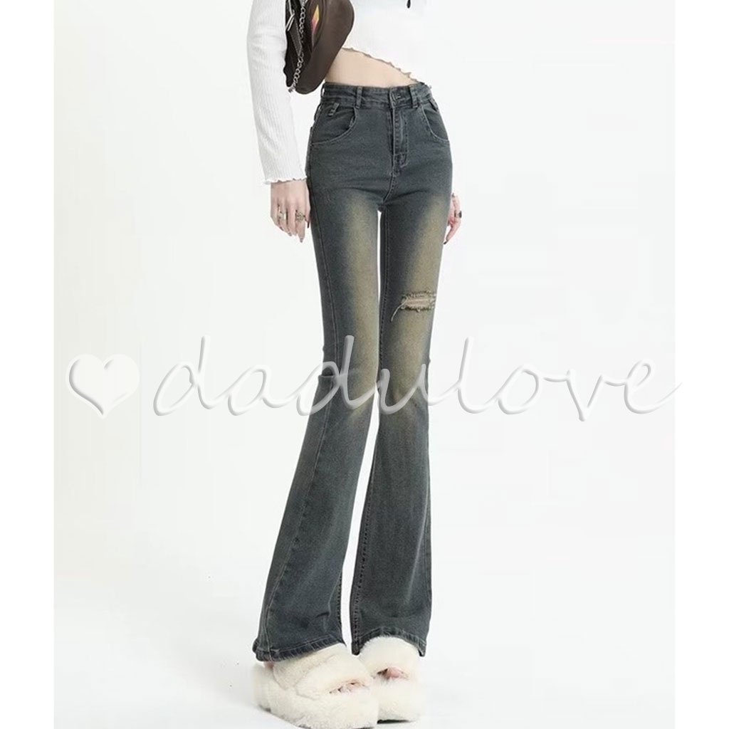 DaDulove 2023 New Korean Version of Retro Washed Jeans High Waist Slim Fit Flared Pants Women's Ripped Trousers