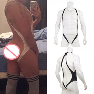 บอดี้สูท ชุดชั้นในผู้ชายเซ็กซี่ Sexy Men Backless Bodysuit Transparent Lingerie Jumpsuit Strap