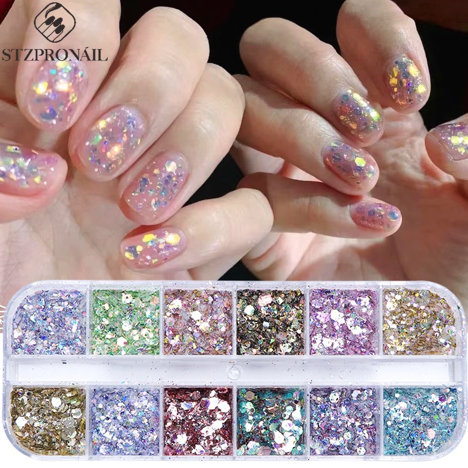 Iridescent ผสมหกเหลี่ยมเล็บ Glitter Sequins Holo Flakes เล็บผงเจล Polish Paillette เล็บเครื่องมือ