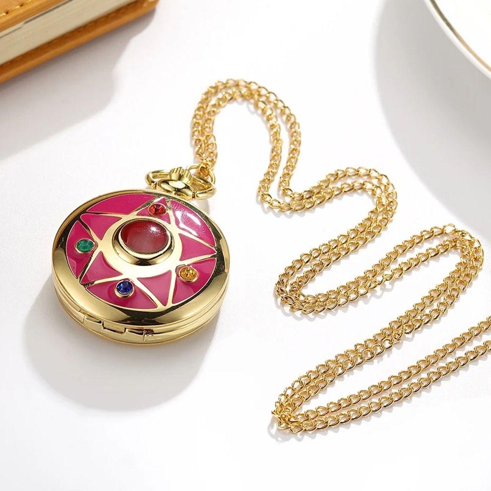 Fashionhubz SAILOR MOON นาฬิกาพ็อกเก็ตสไตล์ญี่ปุ่นแบบพกพา Sweet CARDCAPTOR SAKURA Star Wings คริสตัล Key Shape สร้อยคอนาฬิกา