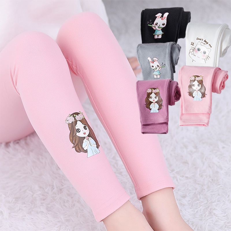 พร้อมส่ง กางเกงเลกกิ้ง ผ้าฝ้ายแท้ ทรงสลิมฟิต ลายการ์ตูนเจ้าหญิง สําหรับเด็กผู้หญิง 100-160 ซม.