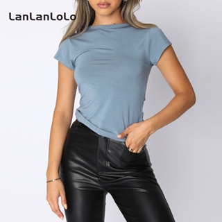 Lanlanlolo เสื้อยืดลําลอง แขนสั้น คอกลม สีพื้น สําหรับสตรี 2023