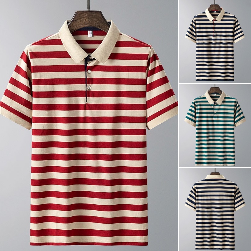ใหม่ เสื้อยืดโปโล แขนสั้น ผ้าฝ้าย ลายทาง แฟชั่นฤดูร้อน สําหรับผู้ชาย