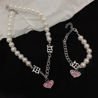 Cute Millennium Hot Powder Heart Letter Necklace New Y2k Girls Love Pearl Necklace Bracelet Classic Chain Sweetheart Baby Jewelry Women