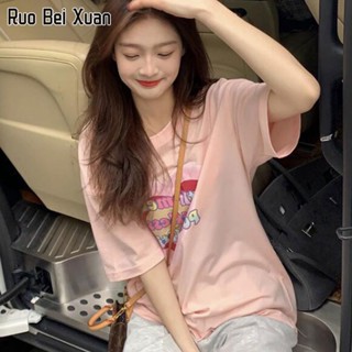 RUO BEI XUAN เสื้อยืดแขนสั้นลำลองผู้หญิง 2023 ใหม่เวอร์ชั่นเกาหลีพิมพ์เสื้อยืดคอกลมหลวม