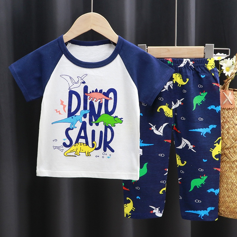 พร้อมส่ง ชุดเสื้อแขนสั้น กางเกงขายาว ผ้าฝ้ายแท้ ลายการ์ตูนน่ารัก เหมาะกับฤดูร้อน สําหรับเด็กผู้ชาย และผู้หญิง ไซซ์ 73-130 ซม.
