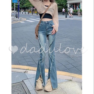 DaDulove💕 New Korean Version of Ulzzang Slit Womens Jeans High-waisted Slim-fit Trousers Raw Edge Micro-elastic Pants