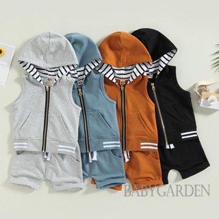 Babygarden-3m-3y ชุดเสื้อผ้าเด็กผู้ชาย แขนกุด มีซิป มีฮู้ด + กางเกงขาสั้น สีพื้น