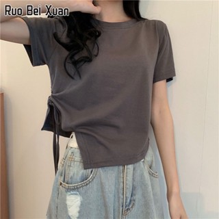 RUO BEI XAUN เสื้อยืดสตรีเกาหลีใหม่เชือกรูดไม่สม่ำเสมอแขนสั้นเสื้อยืด