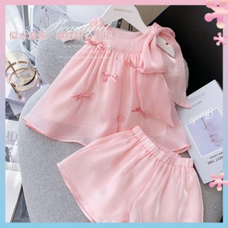 Girls set 2022 new western style childrens summer sleeveless top sweet pink bow girls two-piece set