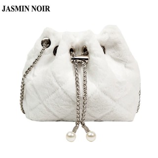 Jasmin NOIR กระเป๋าสะพายไหล่ ทรงบักเก็ต ประดับขนเฟอร์ สายโซ่ สําหรับผู้หญิง