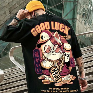 S-8XL Summer national tide personality fun lucky cat print short-sleeved T-shirt men and women trend fashion Hong K_08