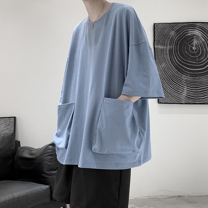 เสื้อยืดแขนสั้น ผ้าฝ้าย ทรงหลวม มีกระเป๋า สีพื้น สไตล์เกาหลี แฟชั่นฤดูร้อน สําหรับผู้ชาย - รูปที่ 4