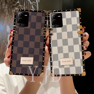 Yjd เคสโทรศัพท์มือถือ ขอบตรง กันกระแทก ลายตารางหมากรุก หรูหรา สําหรับ Vivo V25 Pro V25e V23 V23e