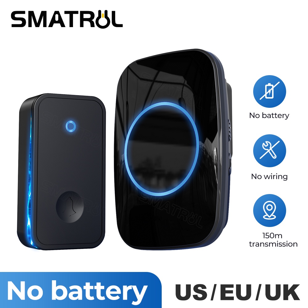 SMATRUL กริ่งประตูไร้สาย ไม่ใช้แบตเตอรี่ | ปลั๊ก US | ระยะไกล 150 เมตร | 60 เสียง | ปุ่มกดกันน้ำ IP44