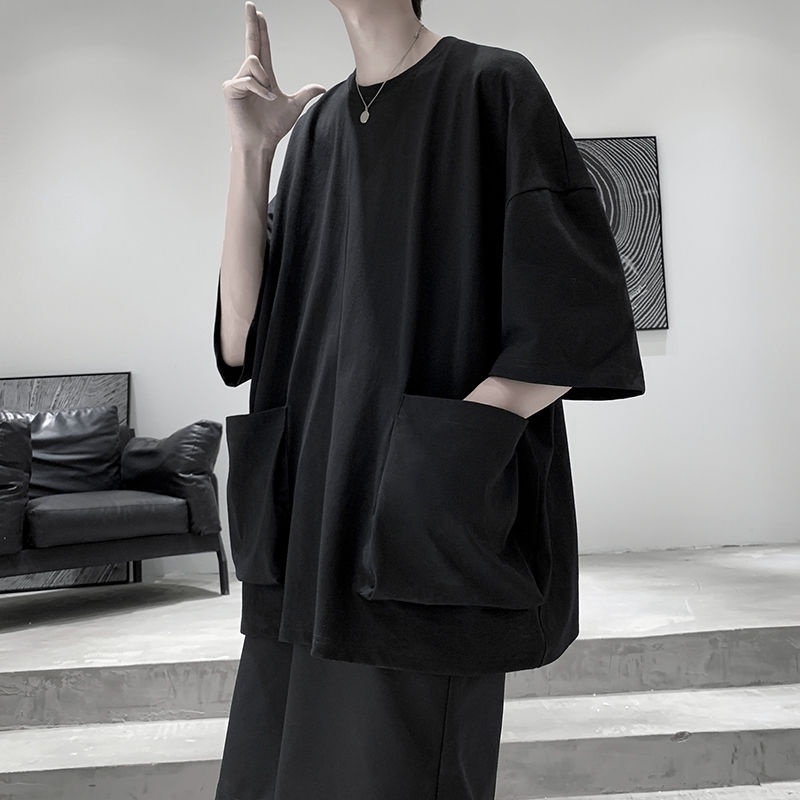 เสื้อยืดแขนสั้น ผ้าฝ้าย ทรงหลวม มีกระเป๋า สีพื้น สไตล์เกาหลี แฟชั่นฤดูร้อน สําหรับผู้ชาย - รูปที่ 2