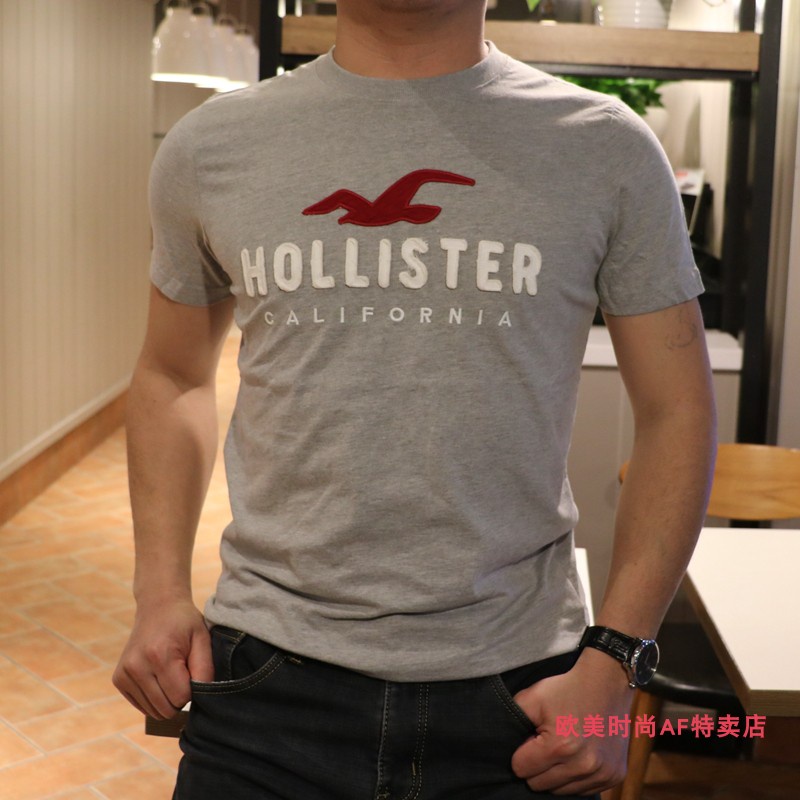 American Style Seagull Letter Graphic Print HCO Hollister Mens 100% Cotton Round Neck T-Shirt Short 