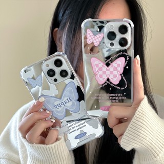เคสโทรศัพท์มือถือแบบนิ่ม ลายผีเสื้อ กระดานหมากรุก พร้อมกระจก สําหรับ 14 13 12 Pro Max 11 7 8 Plus
