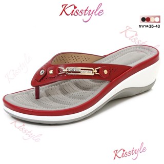 Kisstyle ใหม่ รองเท้าแตะแพลตฟอร์ม ส้นเตารีด แต่งกระดุมโลหะ เหมาะกับเดินชายหาด แฟชั่นสําหรับผู้หญิง