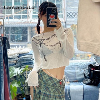 Lanlanlolo เสื้อคอกลม แขนยาว พิมพ์ลาย ทรงสลิมฟิต แฟชั่นสําหรับผู้หญิง 2023