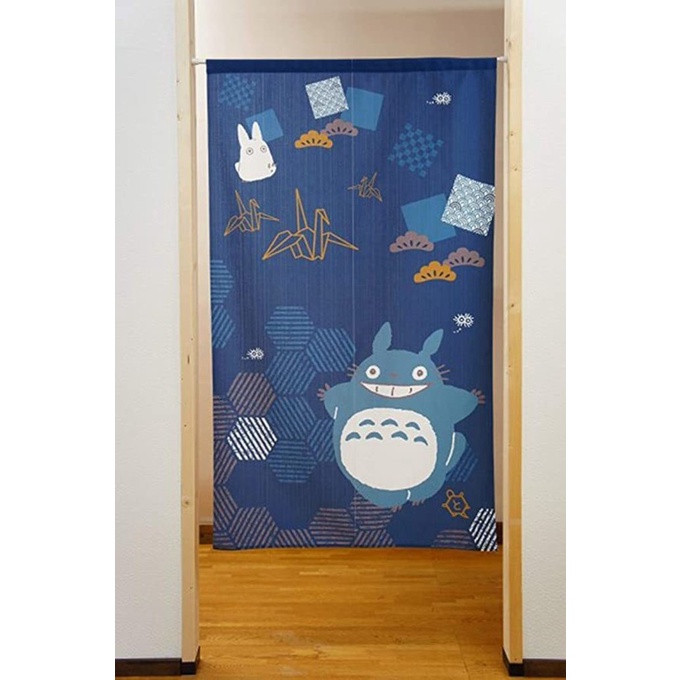 Noren ม่านประตูญี่ปุ่น My Neighbor Totoro รูปแบบเรขาคณิตสีฟ้า, ญี่ปุ่น Ghibli Studio Totoro Tapestry ผ้าม่านหน้าต่าง