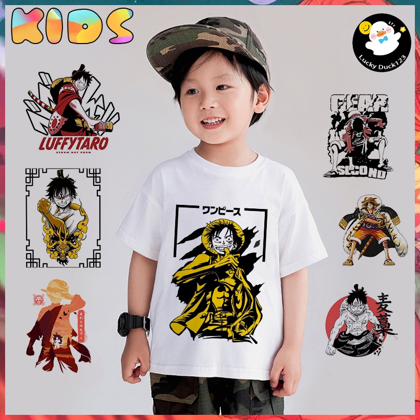 Baju Budak เสื้อยืดลําลอง แฟชั่นสําหรับเด็กผู้ชาย แขนสั้น พิมพ์ลายอนิเมะ ONE PIECE Luffy สีขาว ของขวัญ 1-9 ปี