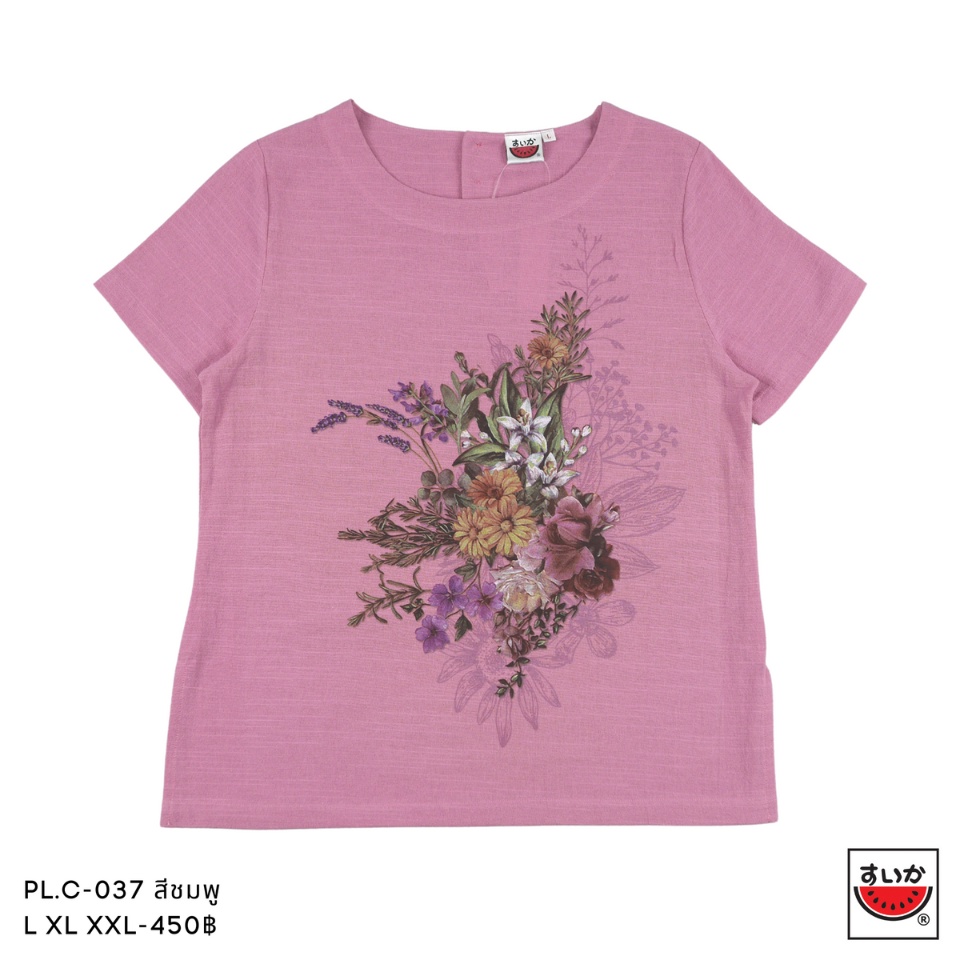 แตงโม (SUIKA) - เสื้อแตงโม คอปาดแขนสั้น ผ้าสลาฟ พิมพ์ลายดอกไม้ ( PL.C )