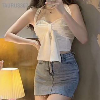 Taurus307 Halter Neck Bow Tank แขนกุดไม่มีสายหนัง Ruched Pure Color Short Tube Top สำหรับผู้หญิงฤดูร้อน