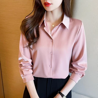 พร้อมส่ง เสื้อเบลาส์ แขนยาว ผ้าซาติน สไตล์เกาหลี สําหรับผู้หญิง