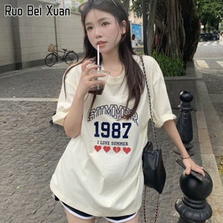 RUO BEI XUAN เสื้อยืดสตรี 2023 ใหม่พิมพ์ลายตัวอักษรแขนสั้นคอกลมด้านบน