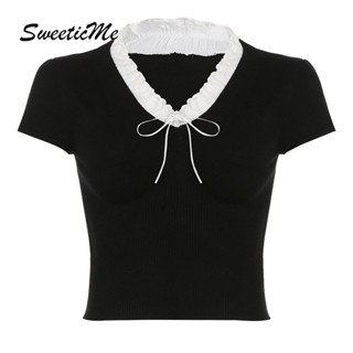 Sweeticme ใหม่ เสื้อยืดแขนสั้นลําลอง เข้ารูป แต่งลูกไม้ แฟชั่นสําหรับสตรี 2023