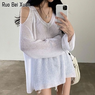 RUO BEI XUAN เสื้อถักผู้หญิงใหม่สไตล์เกาหลีคอวีเกาะอกหลวมทุกแมทช์ลำลองสีทึบเสื้อกันแดด