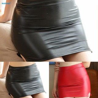 【HODRD】Skirt Look Mini Skirt PU Leather Sexy Slit Stretch Tight Tight Stretch【Fashion】