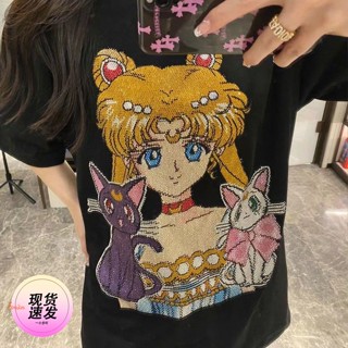 เสื้อยืดแขนสั้น ความยาวปานกลาง ทรงหลวม ประดับเพชร สวยงาม แฟชั่นฤดูร้อน สําหรับเด็กผู้หญิง และนักเรียน 2022