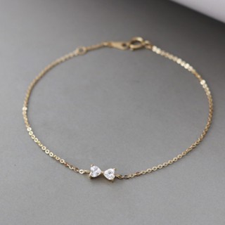 สร้อยข้อมือเงินแท้ S925 จี้รูปหัวใจ ประดับโบว์ (ชุบทอง 14k)