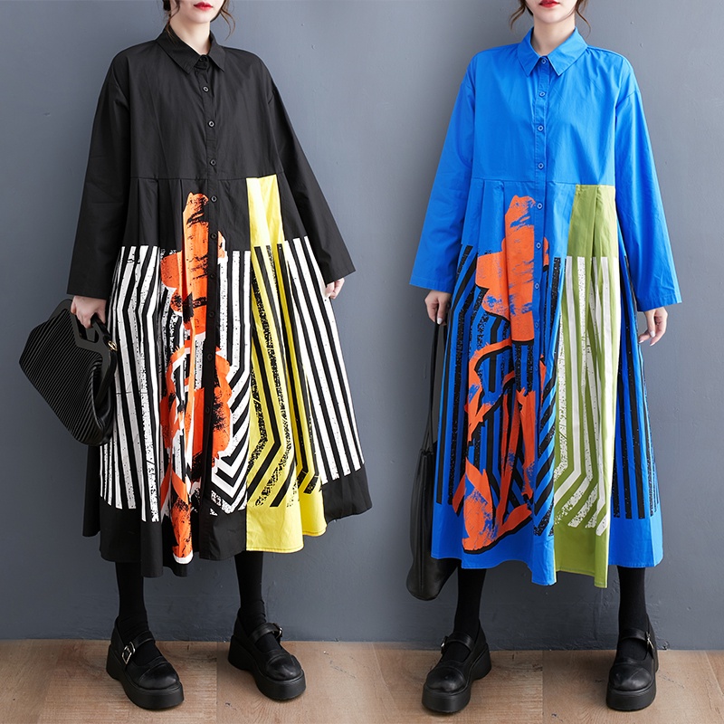 Ladivi Plus ขนาดเสื้อผ้าผู้หญิงแขนยาวแฟชั่นพิมพ์ชุด 2023 ฤดูใบไม้ผลิฤดูใบไม้ร่วงสบายๆหลวมขนาดใหญ่ Midi ชุด Vintage สุภาพสตรี Big Tunic Robe L XL XXL 3XL 4XL 6909 D004