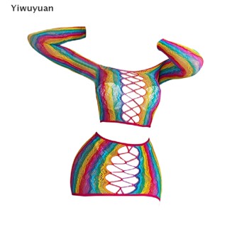 &lt;Yiwuyuan&gt; ชุดนอนกระโปรง แขนยาว ผ้าตาข่าย สีสันสดใส สําหรับสตรี