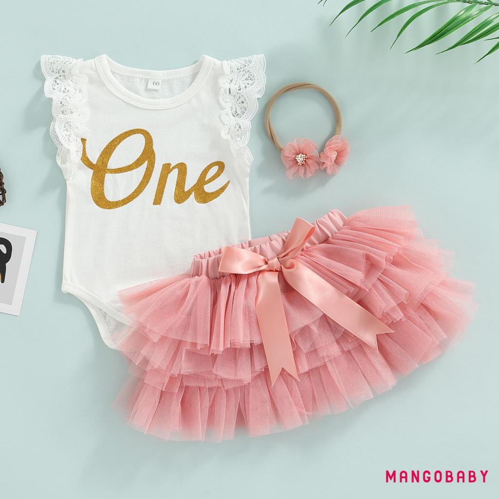Mg-baby Girls 3 ชิ้นชุดแฟชั่นลูกไม้ Fly Sleeve Romper และ Bow Gauze กระโปรงสั้นและที่คาดผม