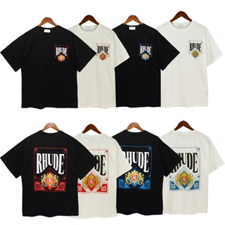 Rhude เสื้อยืดแขนสั้น พิมพ์ลายการ์ด DBDFB High Street ทรงหลวม สไตล์อเมริกัน สําหรับผู้ชาย และผู้หญิง Or6I