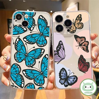 เคสโทรศัพท์มือถือแบบนิ่ม TPU ใส กันกระแทก ลายผีเสื้อ สีขาว ฟ้า แฟชั่น สําหรับ iPhone 11 Pro Max 12 13 14 Pro XR XS Max 7 Plus 8 Plus